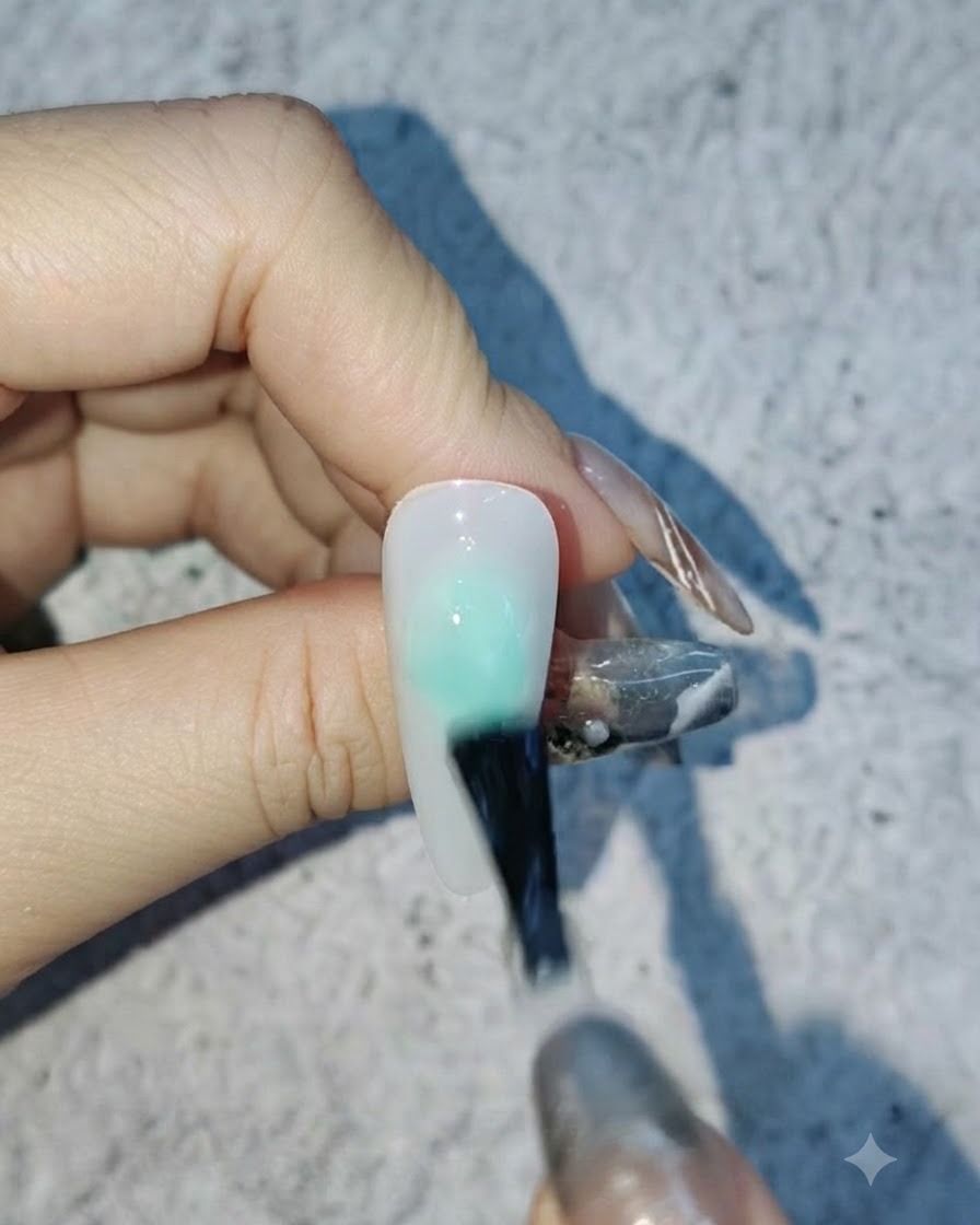 A brush applying a clear matte top coat onto a white-polished nail surface.