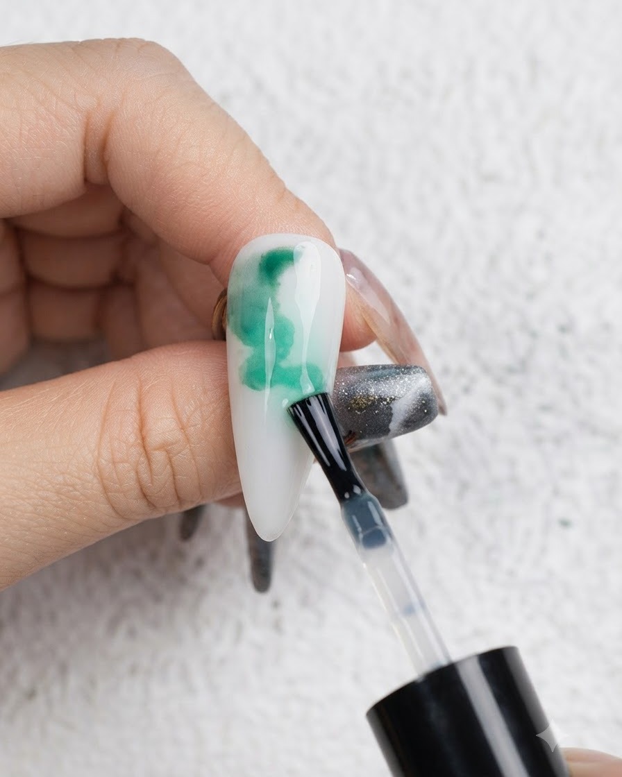 A brush dropping green blooming liquid onto the nail surface to create organic shapes.