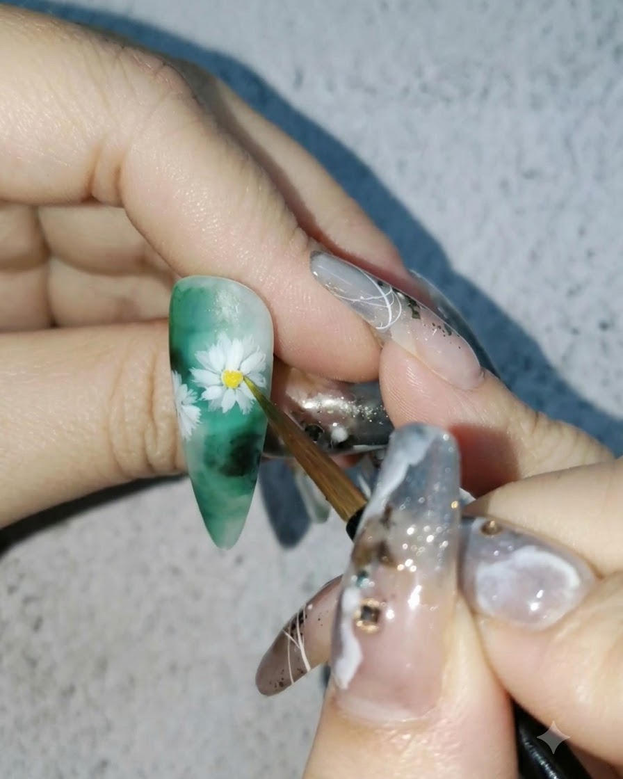 A fine brush adding vibrant yellow watercolor paint to the center of a white daisy nail art design.
