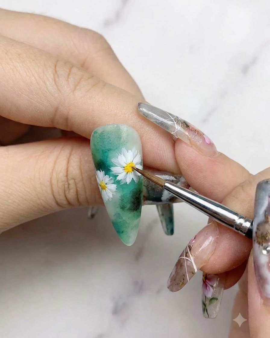 A fine nail art brush painting delicate green leaves and stems next to white daisies on a green watercolor nail background.