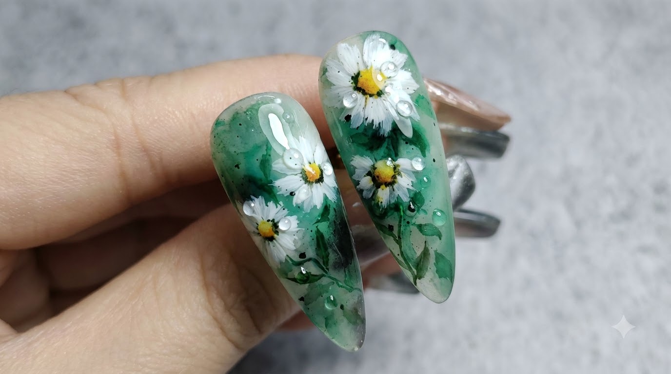 Ink Wash Style Small Daisy Nail Art — Step-by-Step Tutorial
