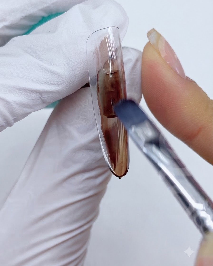 A gloved hand holding a nail extension under a UV/LED lamp for curing.