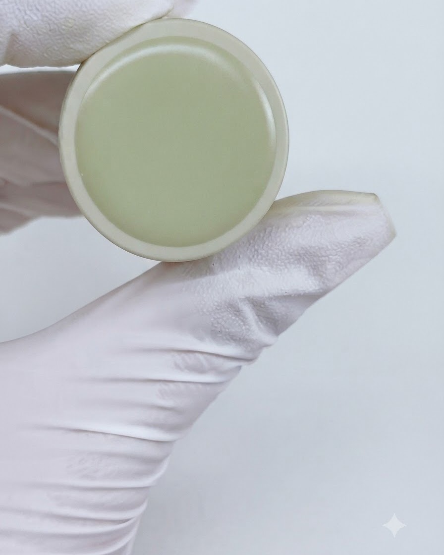A jar of M13 cat eye gel being held up next to a gloved hand.