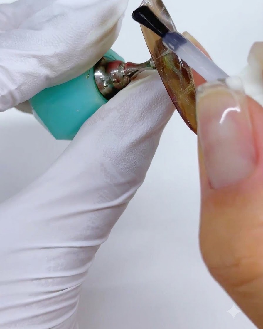 A brush applying a clear glossy top coat over an amber-brown patterned nail design.