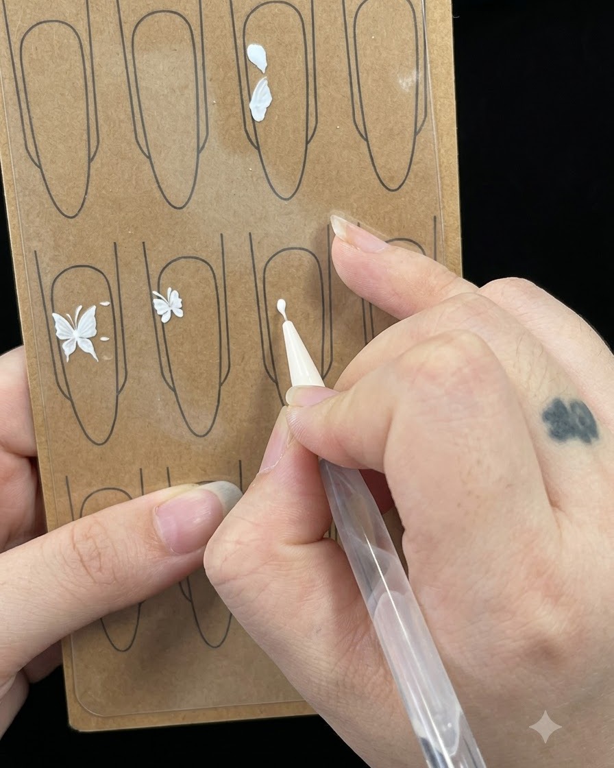 A close-up view of a liner brush applying a small white figure-six shape onto a practice nail board.