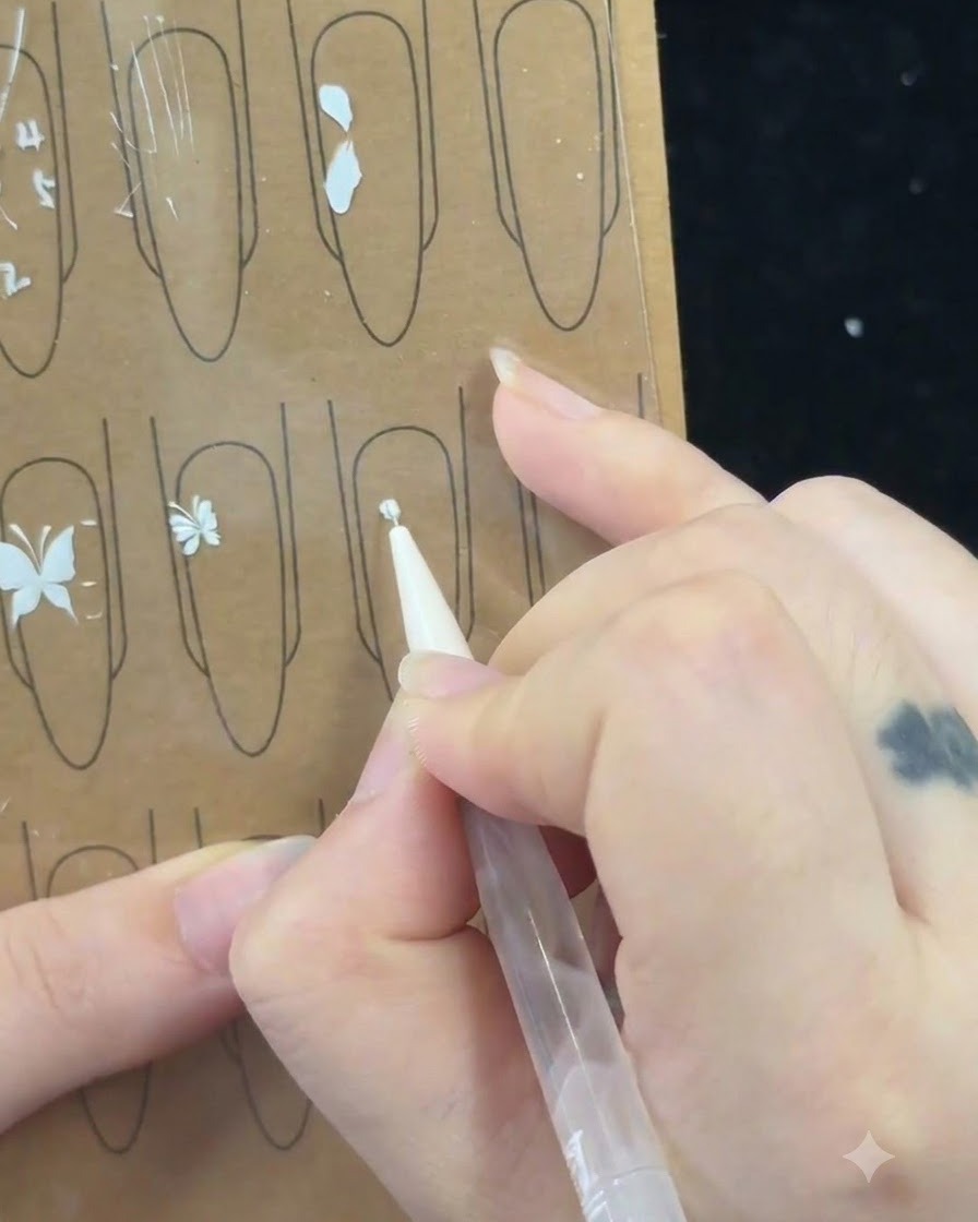 A nail artists hand using a fine brush to draw a crossed parenthesis bracket shape on a practice sheet.