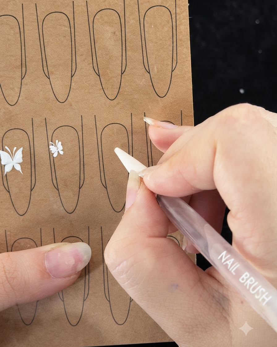 A detailed close-up of a nail brush pulling a thin white line to start the first petal layer.