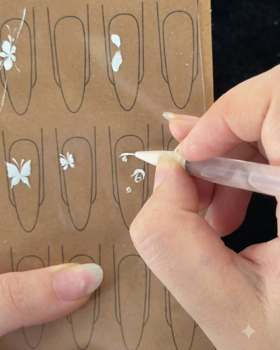 A close-up showing the brush pressing down and turning to form an arc for the rose petal layer.