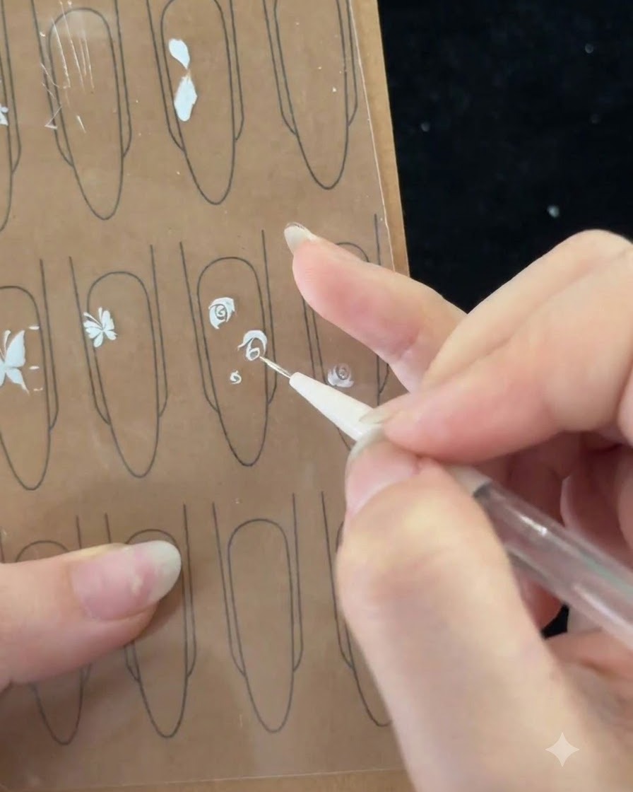 A close-up shot showing the creation of the second layer of flower petals with wide centers and pointed tips.