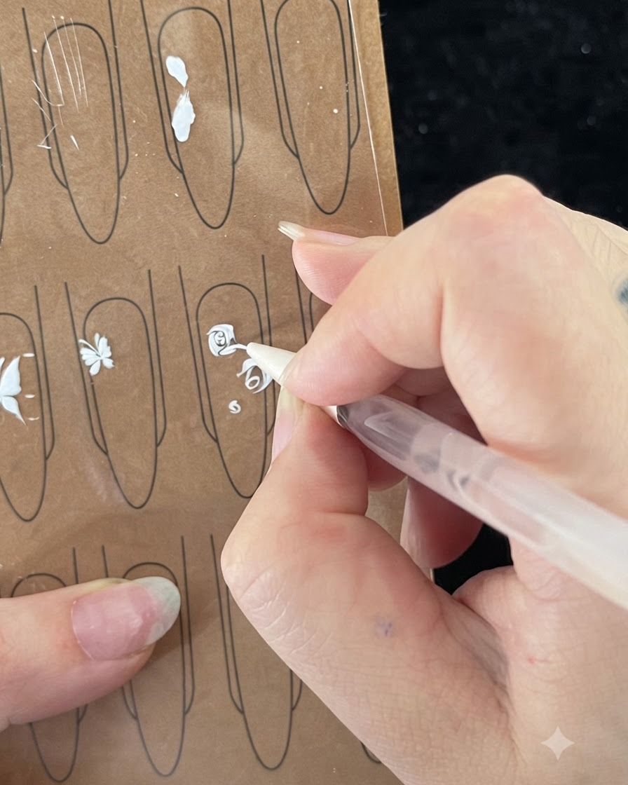 A close-up of a nail art brush drawing a fine third stroke onto a painted white rose petal.