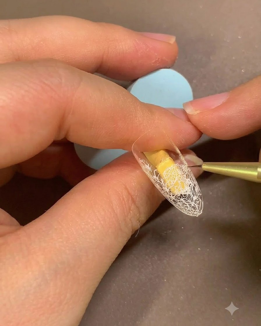 A fine brush smoothing out beige gel coverage on a nail tip featuring a white lace pattern.