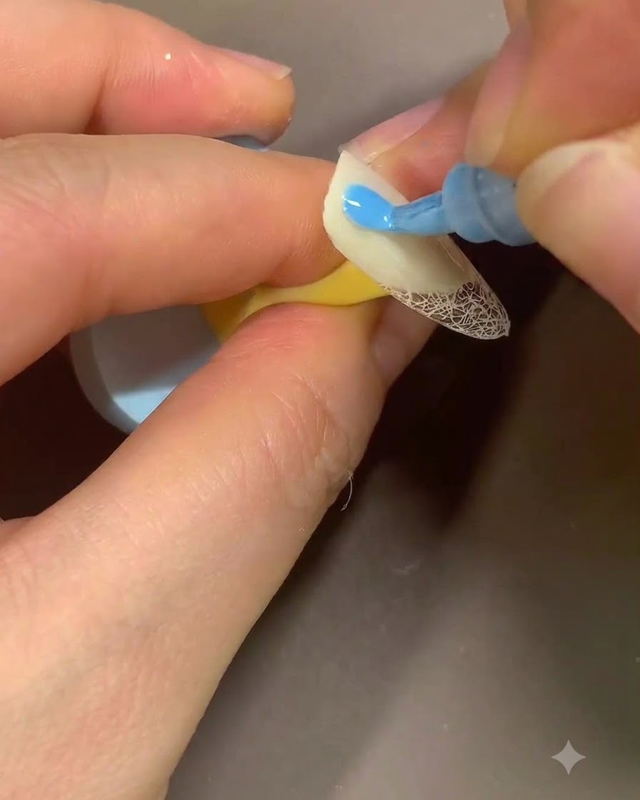 A marker pen drawing small blue flower petal shapes onto the beige surface of a decorated nail.