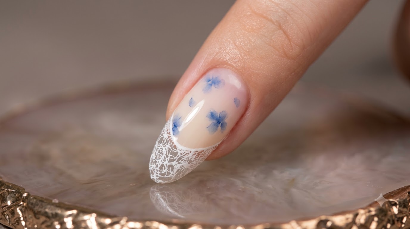 Blue Watercolor Floral Lace Nail Art — Beginner Tutorial