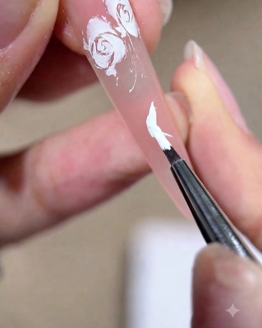 A close-up of a nail technician using a small brush to shape a white gel petal on a nude nail.