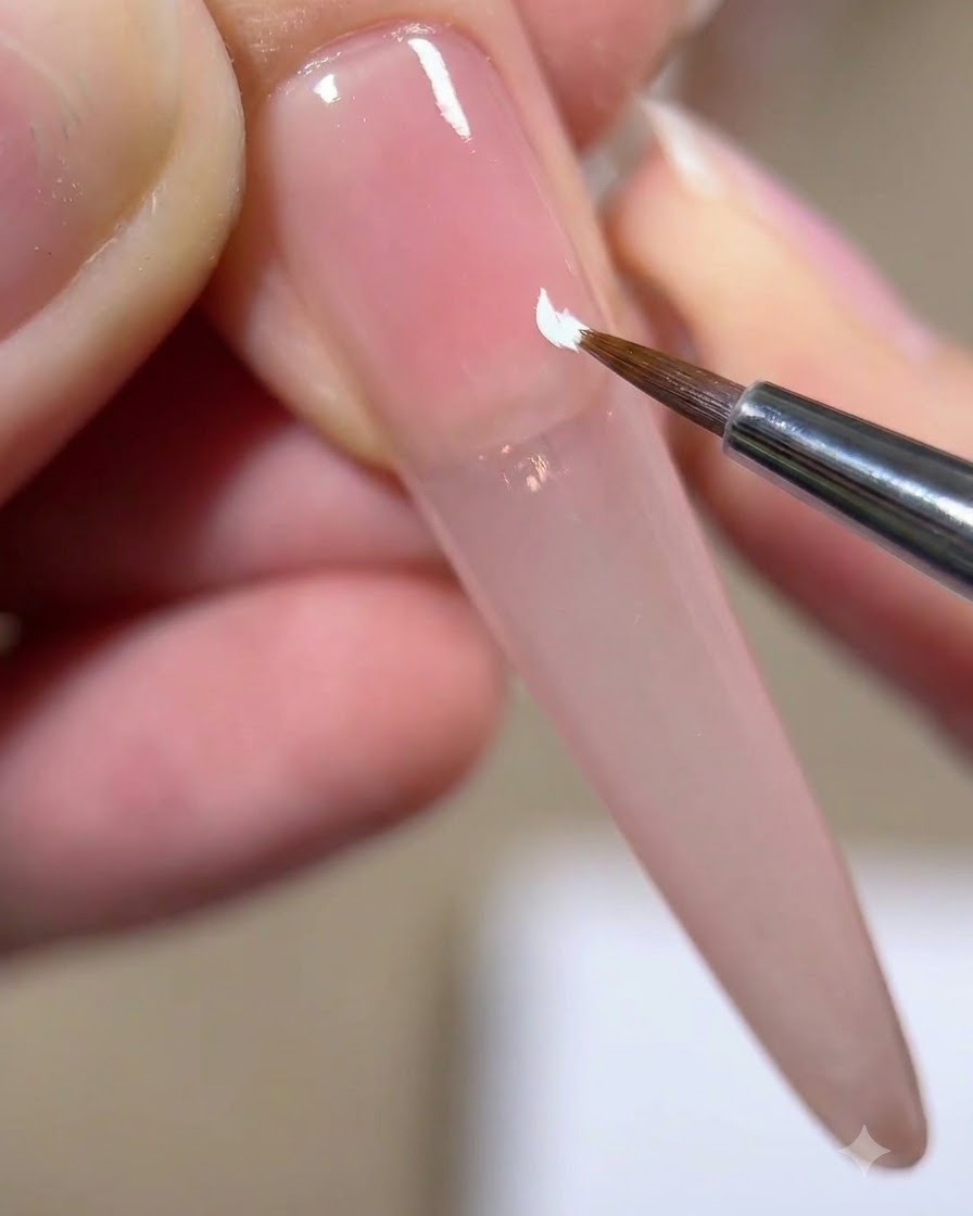 A universal brush tip carefully applying a tiny white flower core onto the nail.