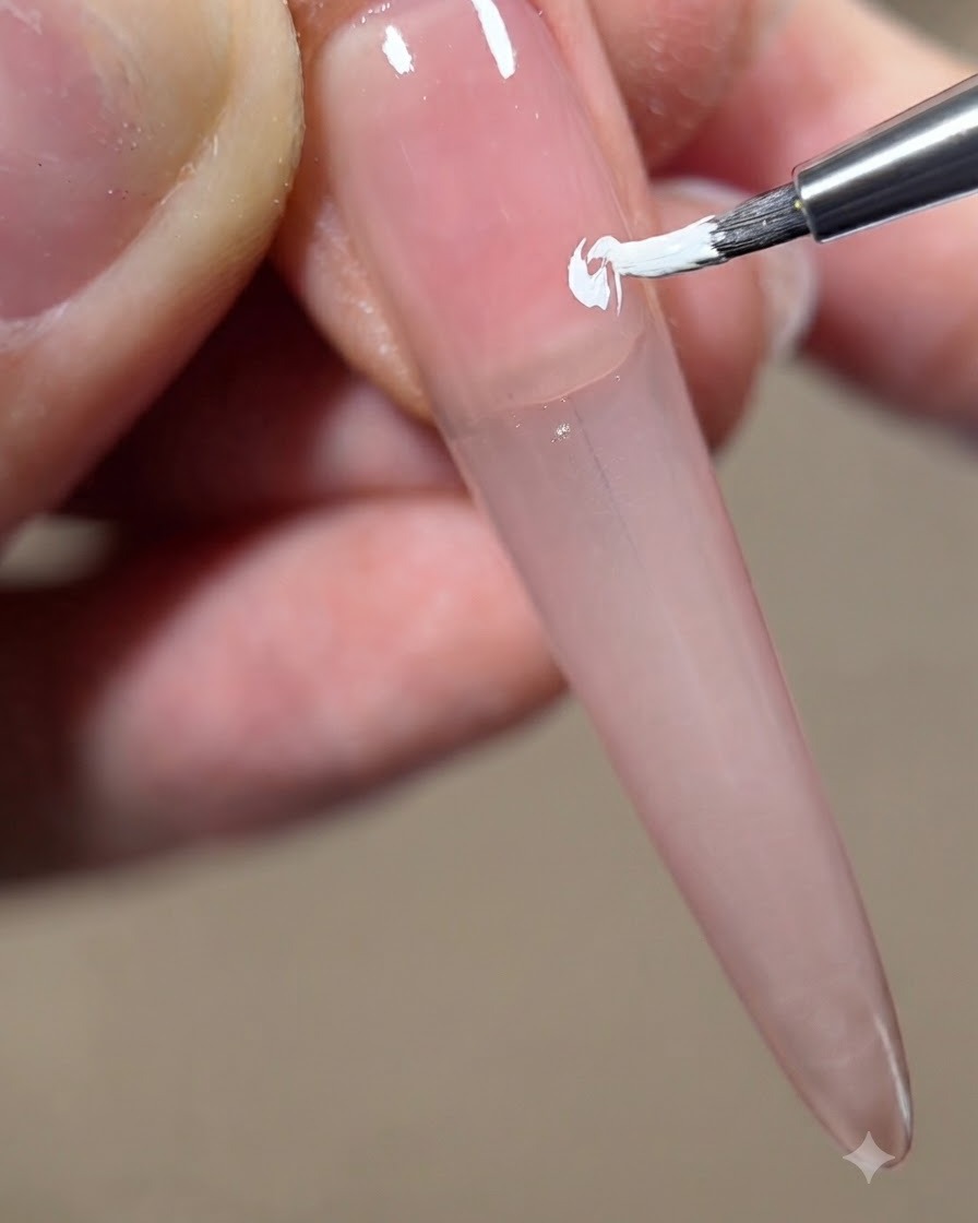 A close-up view applying a small stroke of white gel in the center of the first painted petal layer.