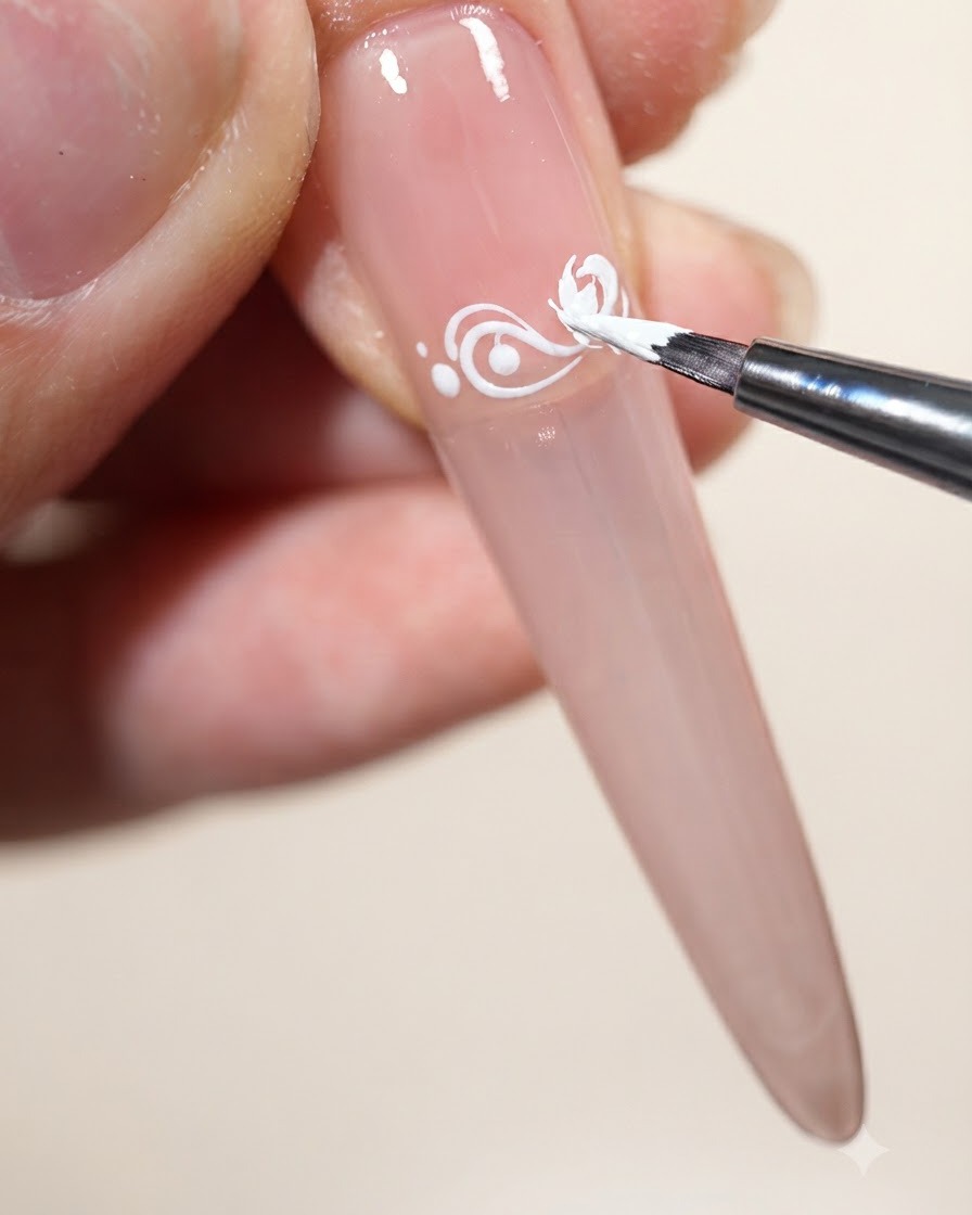 A liner brush refining the second petal details on the nail surface.