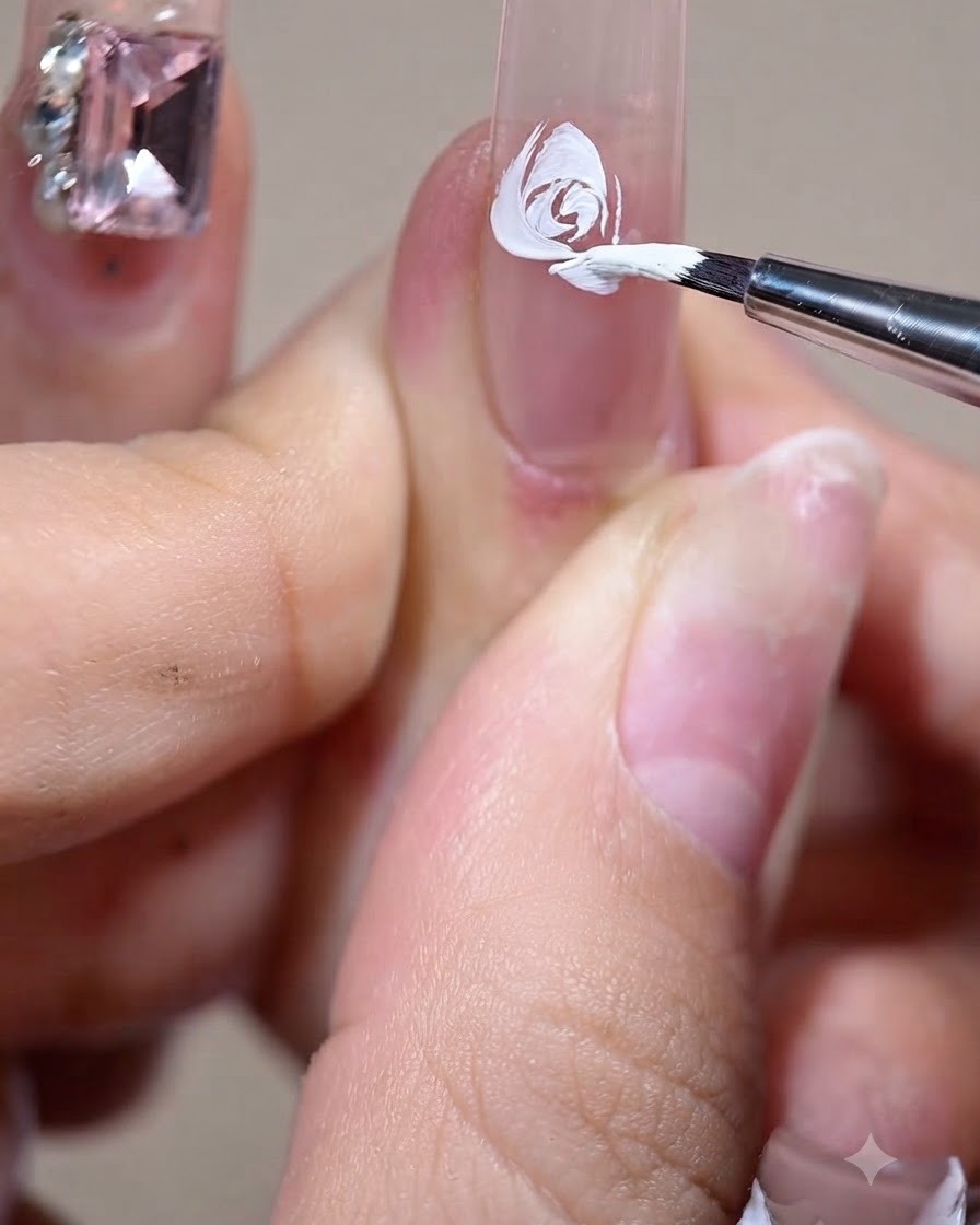 A liner brush shaping the tips of the fifth petal from a backhand angle.