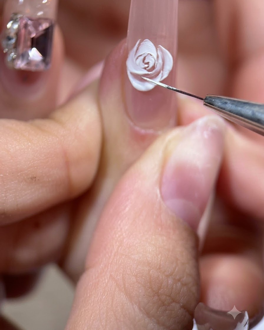 A liner brush detailing an outward-flipped white petal to fill a gap on the side of the rose nail art.