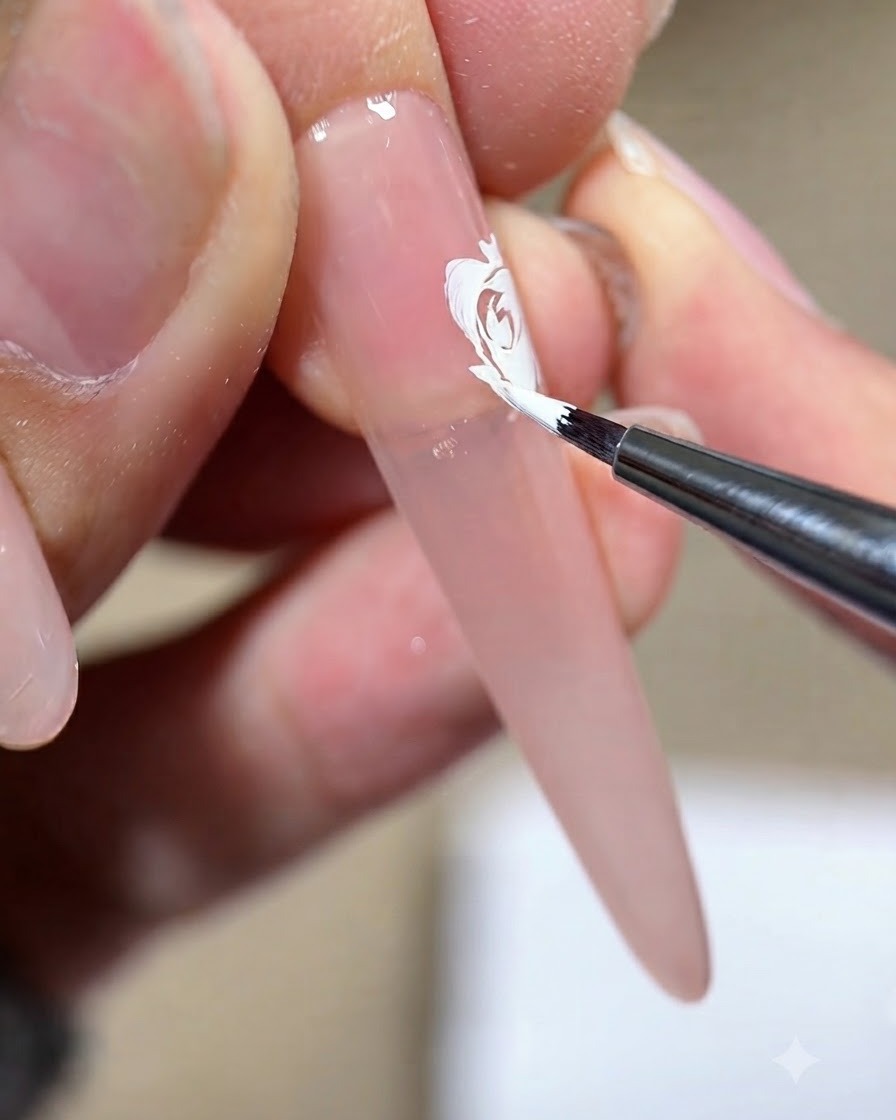 A liner brush gently dotting tiny white accents into the center of the painted rose.