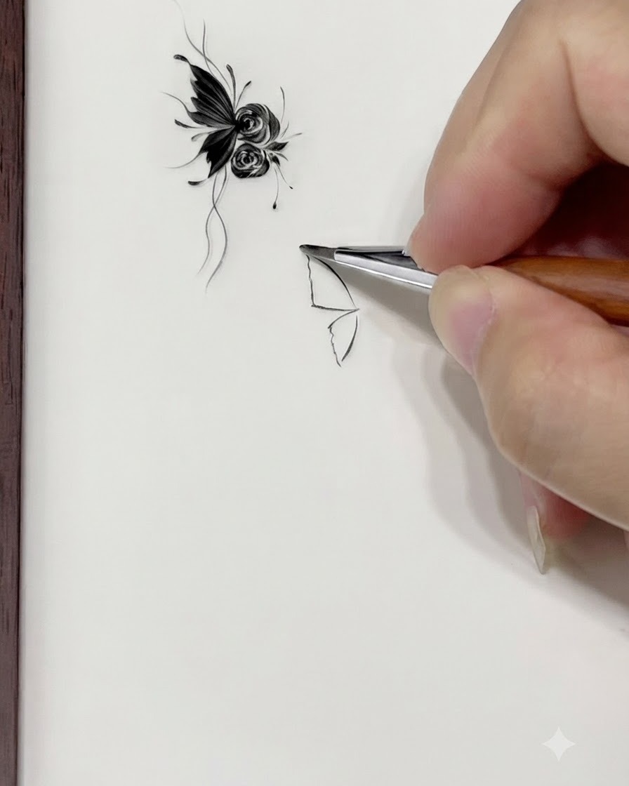 A nail brush tip touching down on a white surface to pull out a sharp, delicate corner stroke.