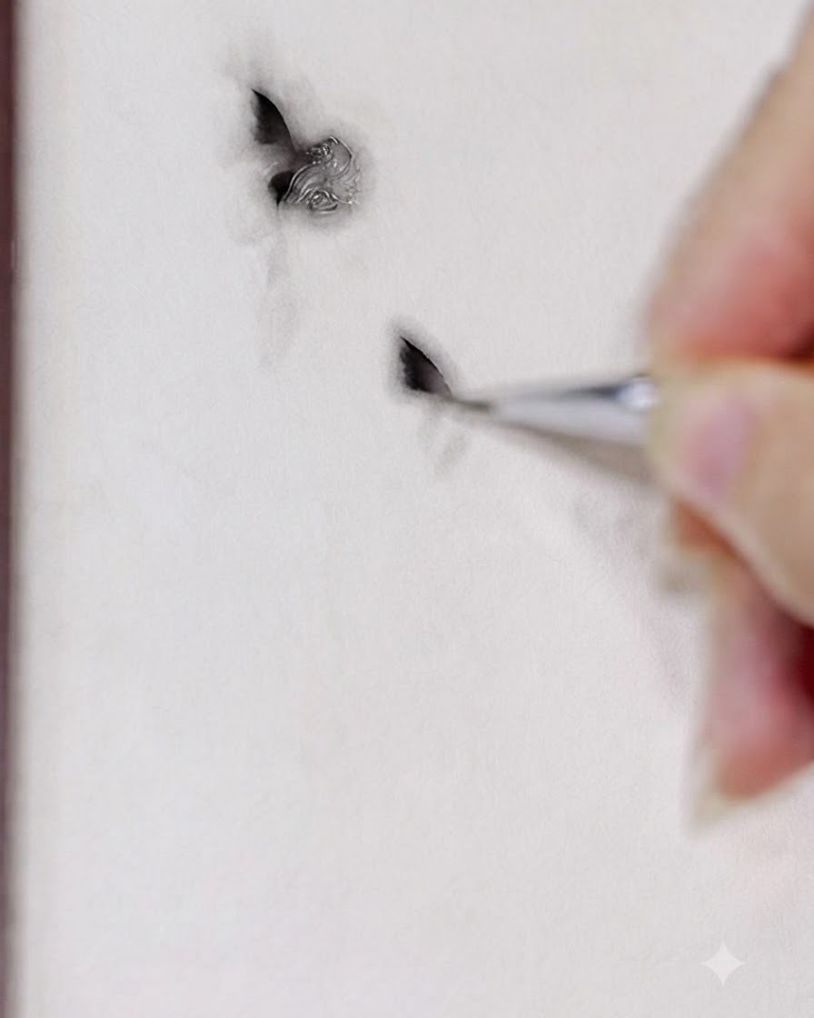 A close-up of a brush tapering off a stroke to form a sharp tail end on a practice surface.