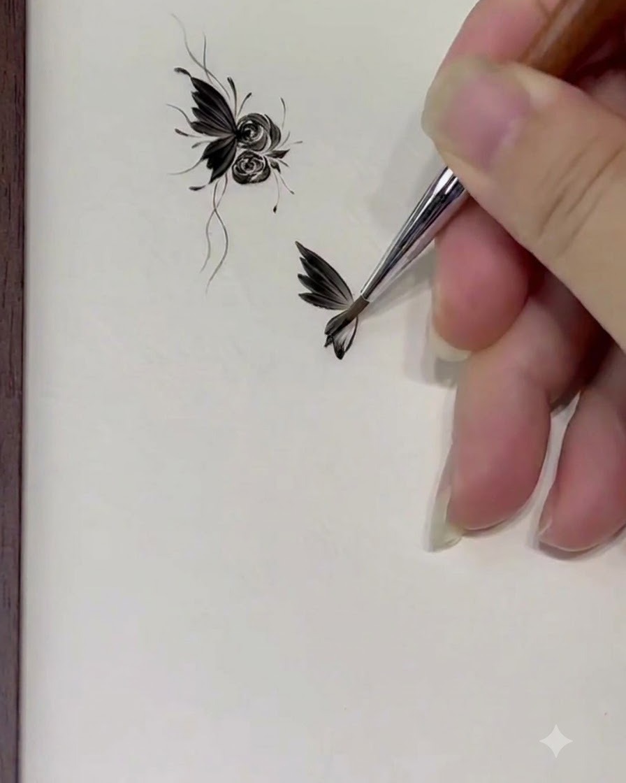 A close-up shot showing a brush held vertically, using the tip to bring strokes together at a single point.
