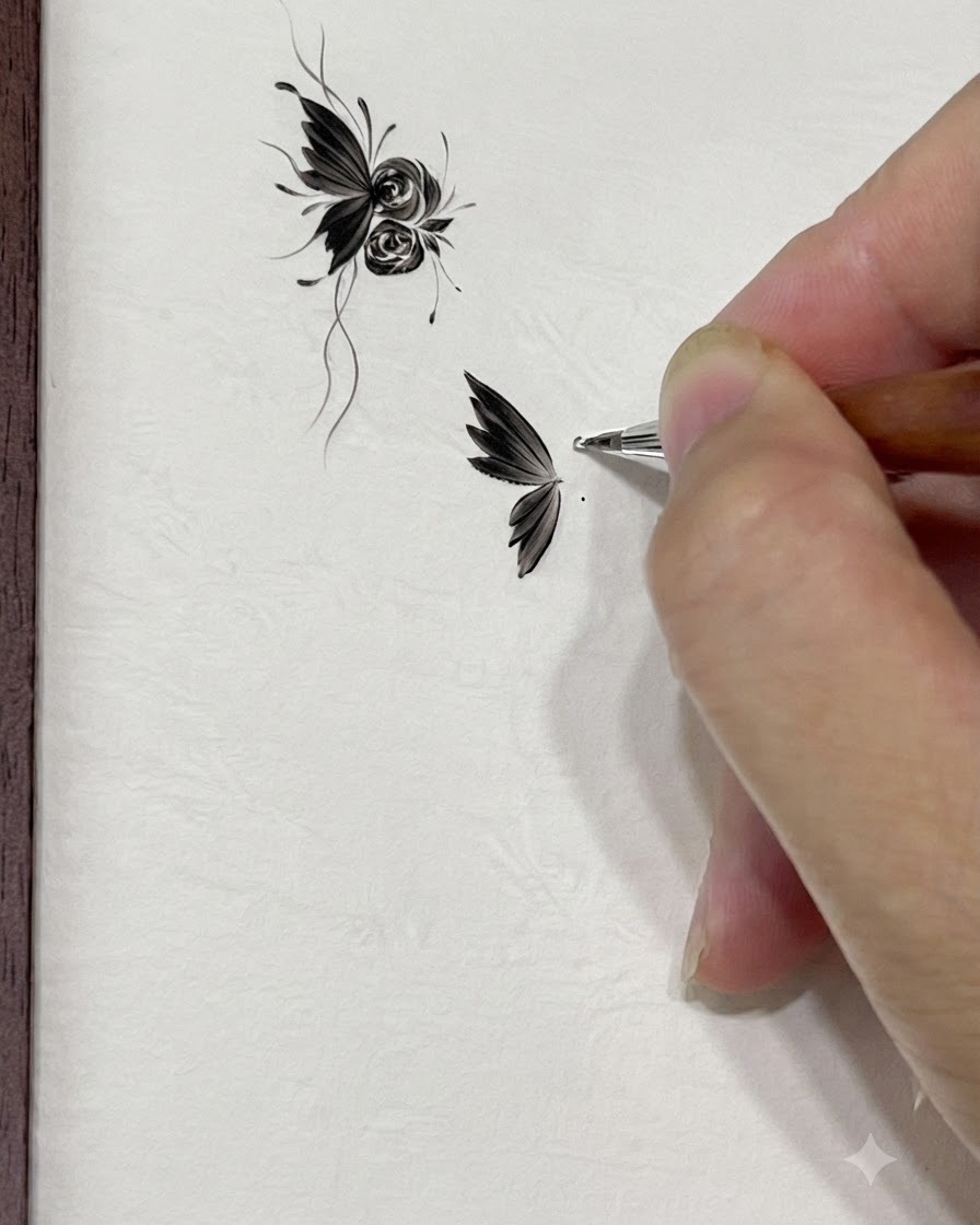 A fine brush setting two small dots as positioning guides for a rose on the nail.