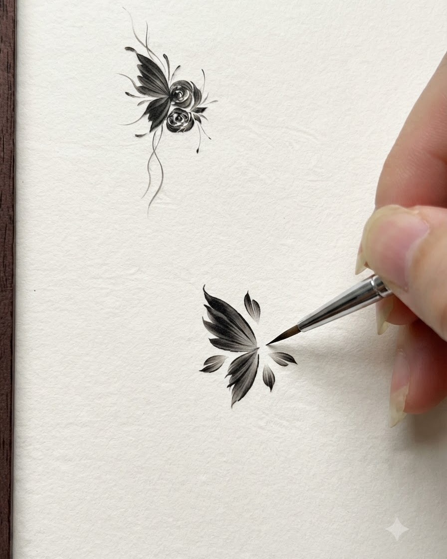A nail art brush placing three small petals closely around the center rose outline.
