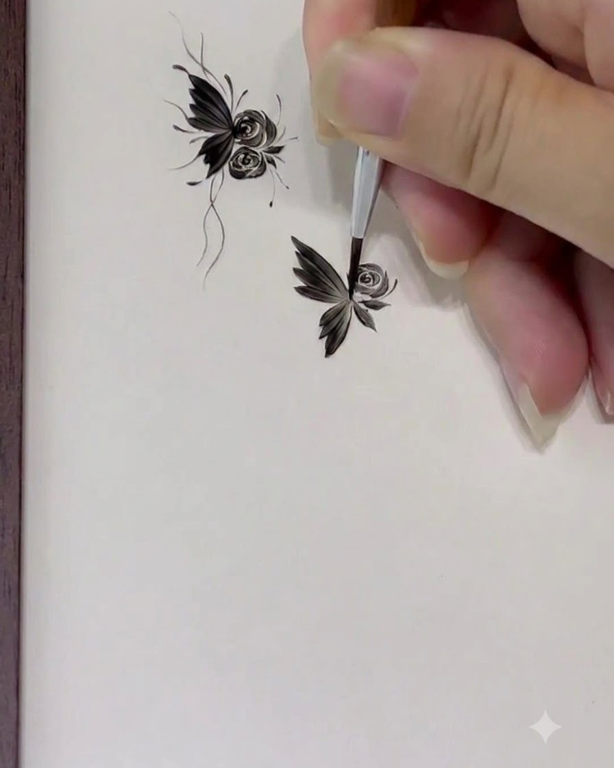 A close-up of a brush painting plump, C-shaped petals around the growing rose design.