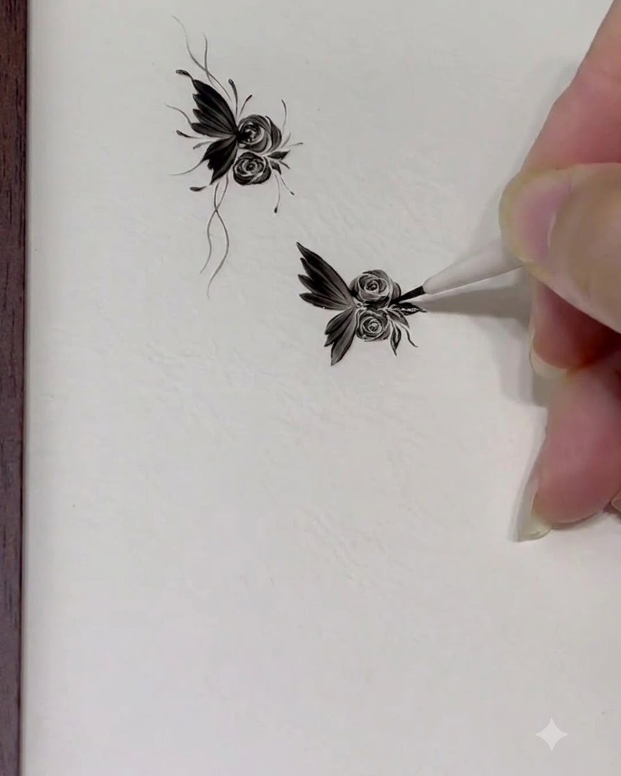 A fine brush adding delicate accent dots and flowing lines around the completed butterfly and rose design.