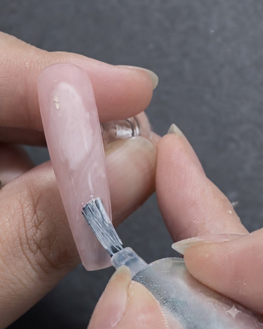 A nail brush applying white blooming gel onto the sheer pink base, creating soft, flowing ribbon shapes.
