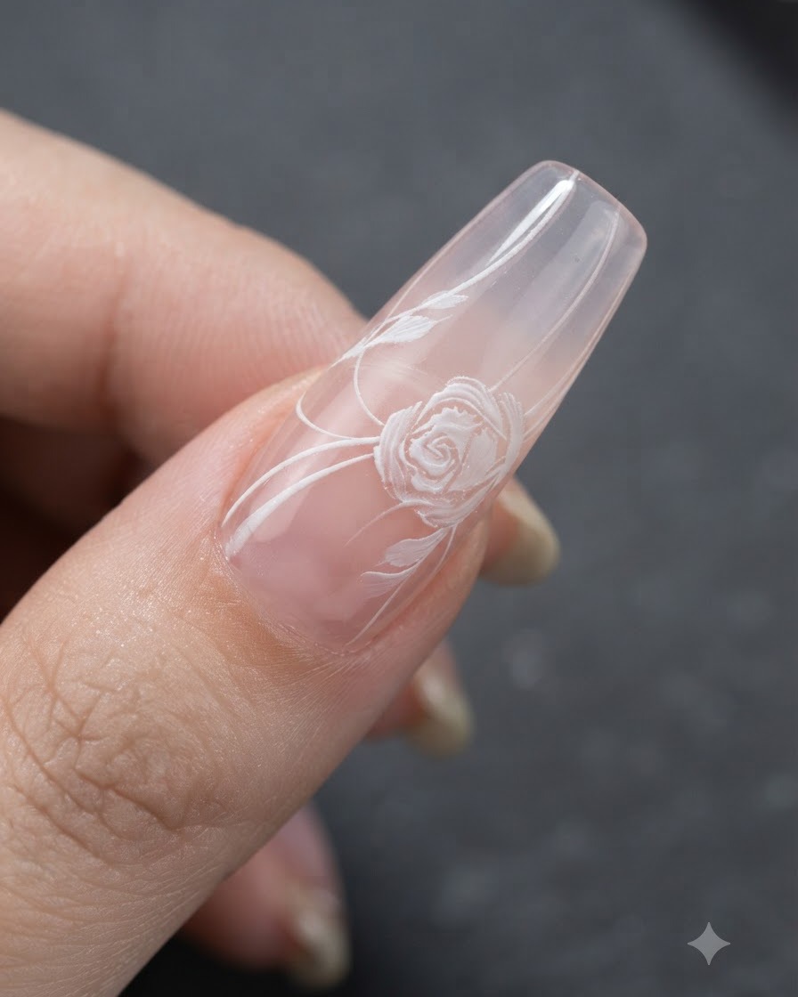 A close-up view of a nail artist using a fine brush to connect white ribbon lines to a rose design on a sheer pink nail.