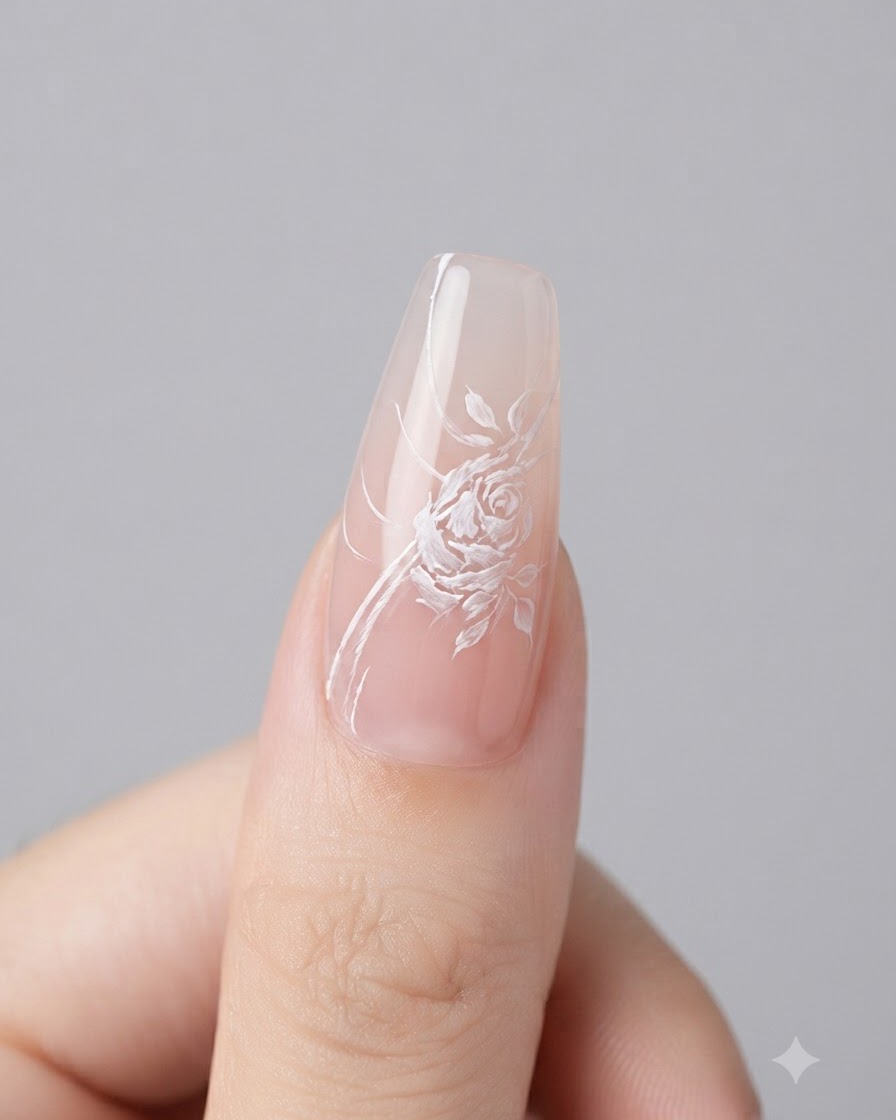 A detailed shot of a nail being refined with pure white gel to outline the edges of painted rose petals.