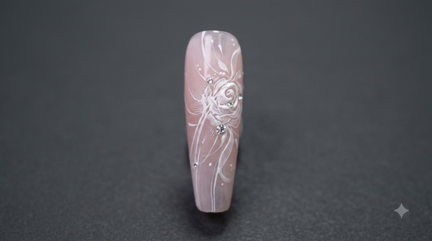 A long tapered nail featuring an intricate white hand-painted rose design with delicate ribbon lines and crystals over a sheer pink base.