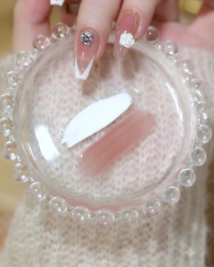 A nail brush applying a thin layer of translucent pinkish gel onto a prepped nail.