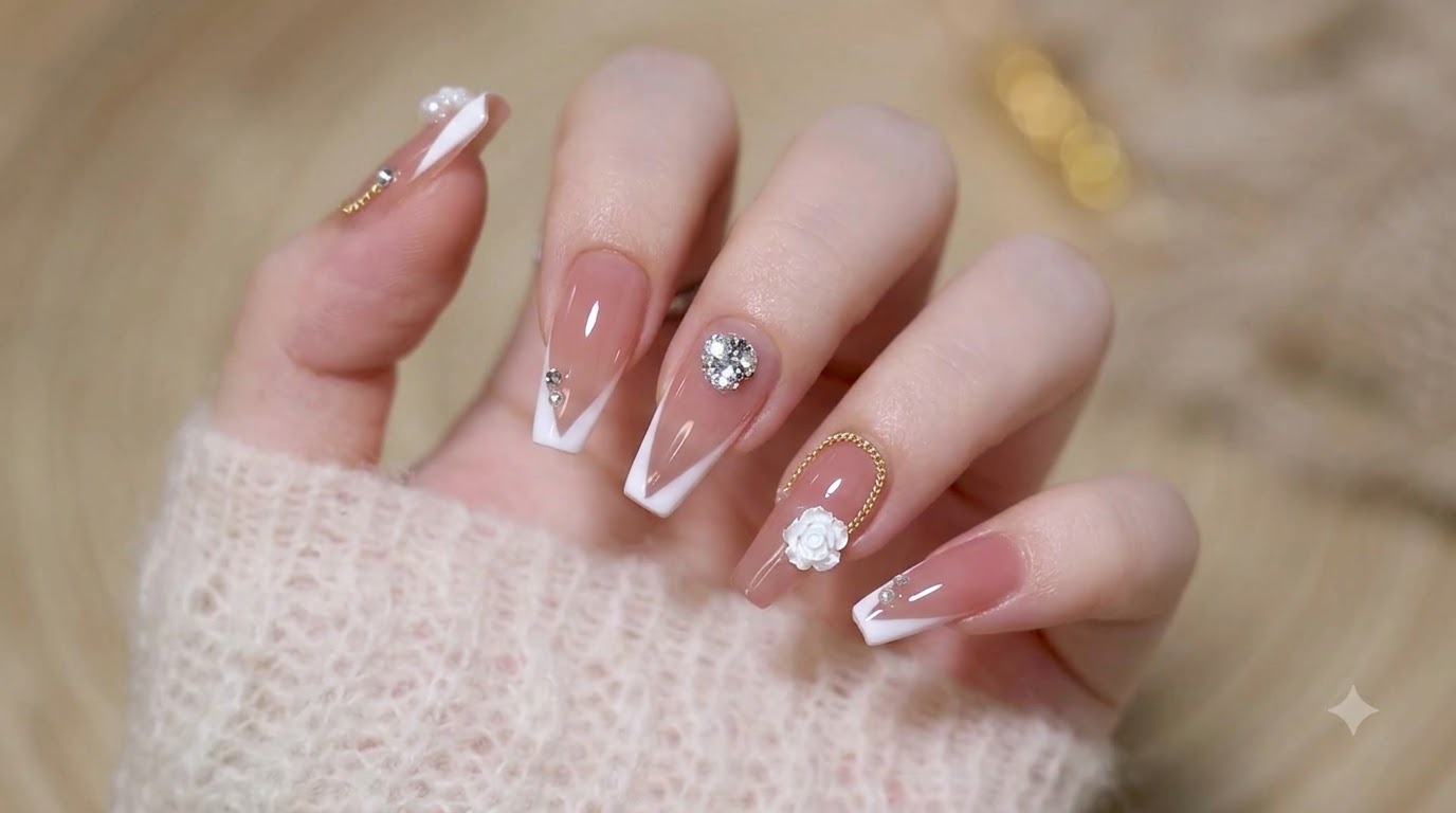 French White Rose Fairy Nail Art — Elegant Bridal Gel Tutorial
