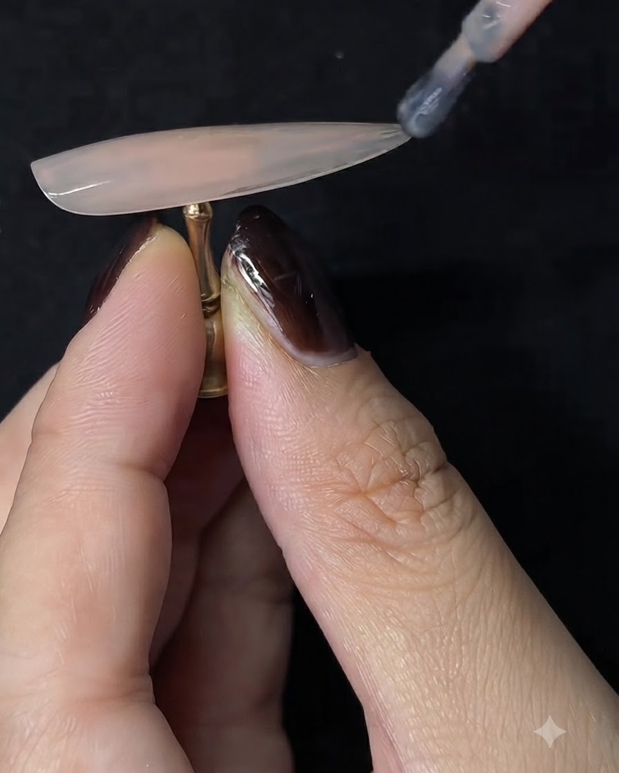 A brush applying a second coat of nude gel polish onto an almond-shaped nail extension held by a finger.