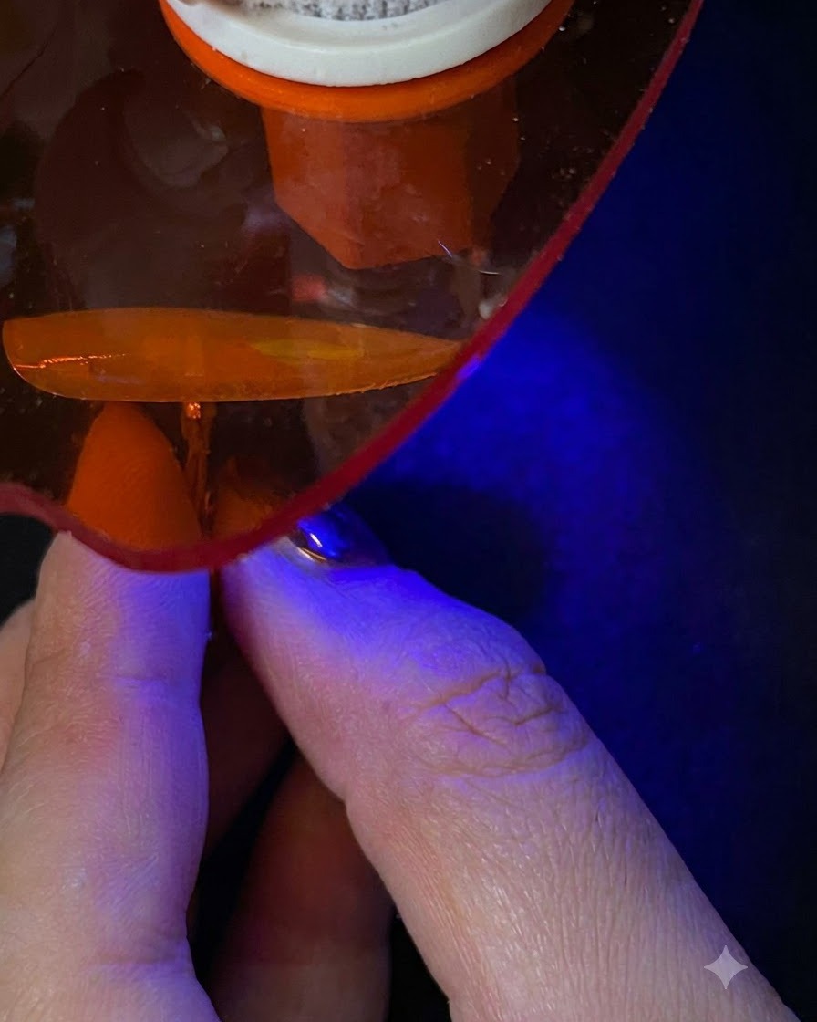 A nail extension held underneath a portable UV/LED curing lamp emitting a blue light.