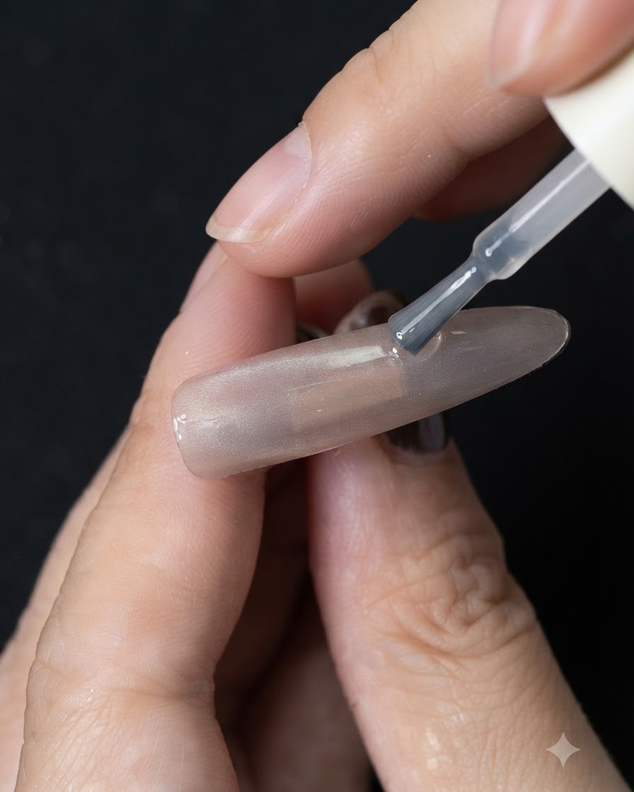 A brush applying a coat of clear cat-eye gel polish onto a neutral-colored base nail.