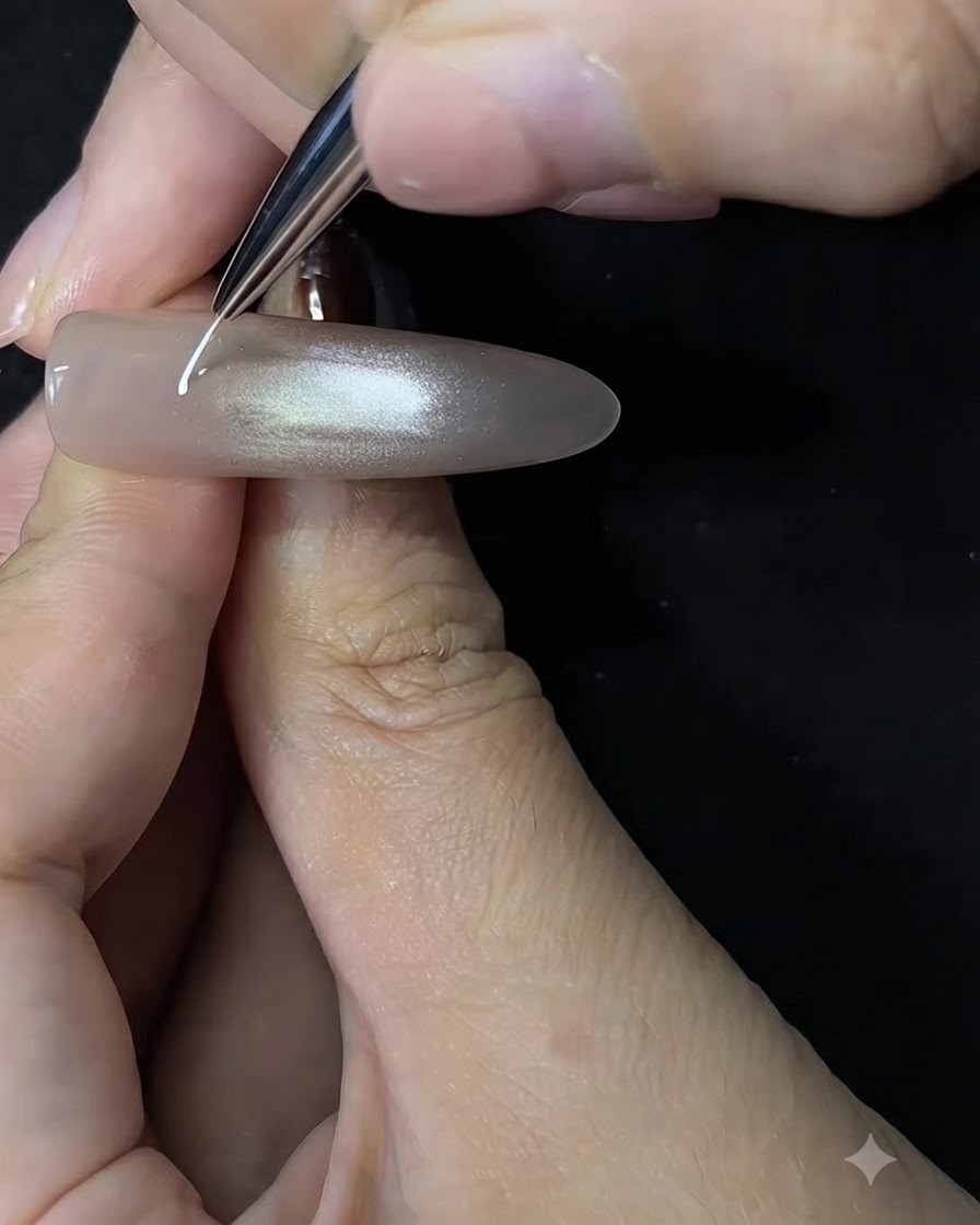 A fine detail liner brush drawing a small white spiral on a nude cat-eye nail background.