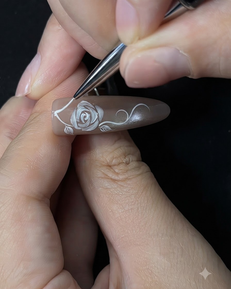 A close-up view of a nail extension showing white curved vines and tiny leaf details painted around a white rose.