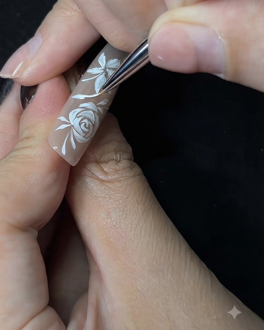 A thin nail art brush painting delicate white leaf details next to a hand-painted floral design on a nude fingernail.