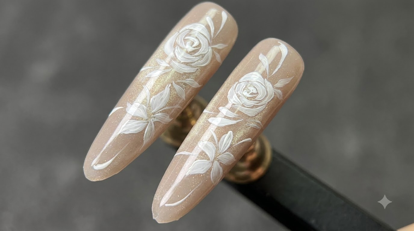 White Hand-Painted Rose Nail Art with Cat Eye Base — Step-by-Step Tutorial
