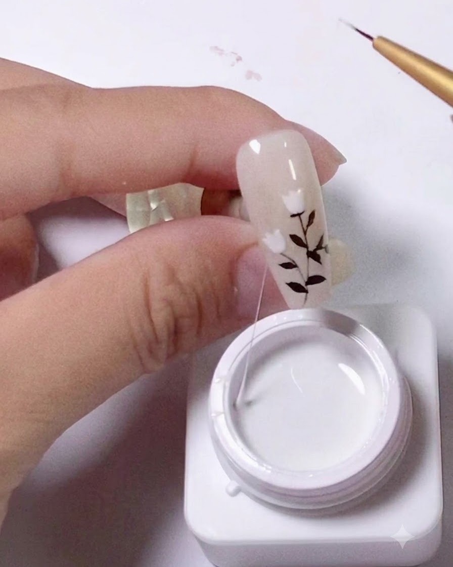 A fine liner brush dipping into a container of white spider gel, pulling up a thin continuous strand of gel.