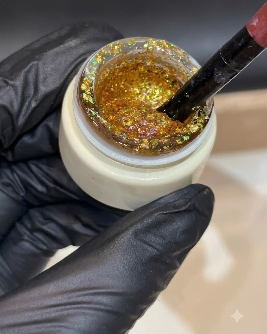 A gloved hand holding a brush dipped into an open jar of chunky gold glitter gel.