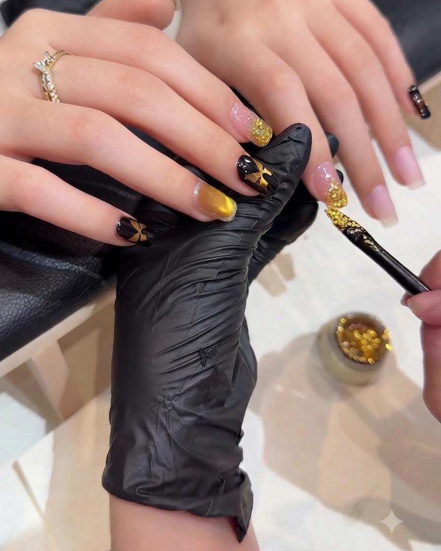 A close-up view of a nail artist using a fine brush to apply gold glitter onto the tip of a nail to create a sparkling gradient effect.