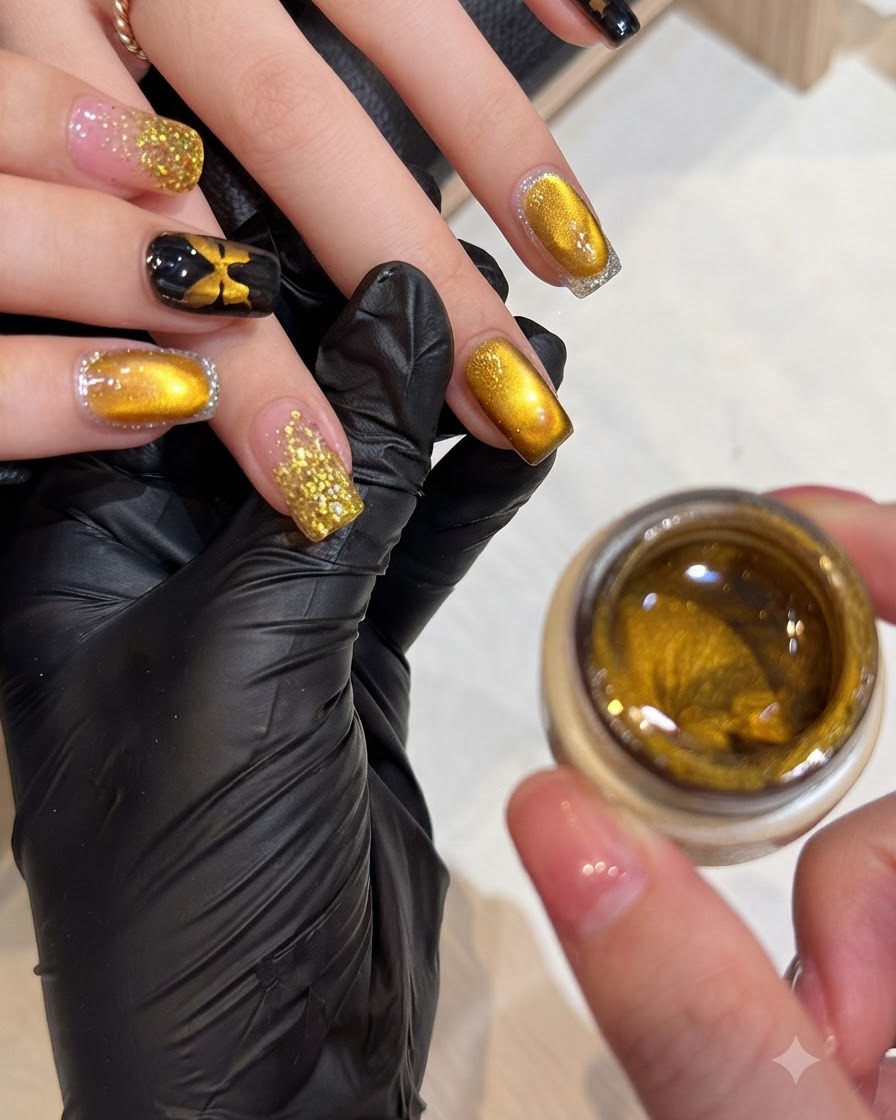 A hand showing nails painted with a rich, shimmering gold magnetic cat-eye gel next to an open jar of the product.