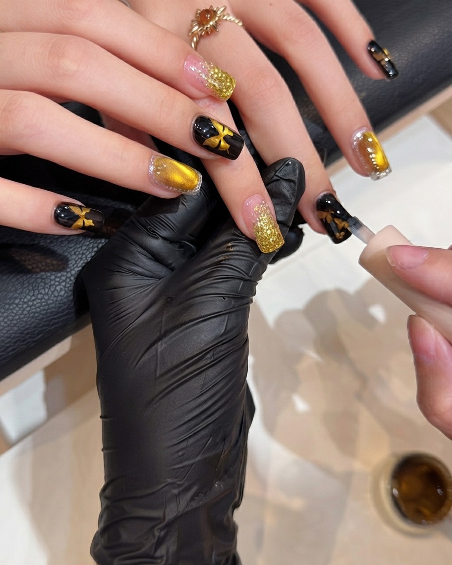 A nail brush applying a smooth layer of clear top coat over a decorated nail to seal the design and add shine.