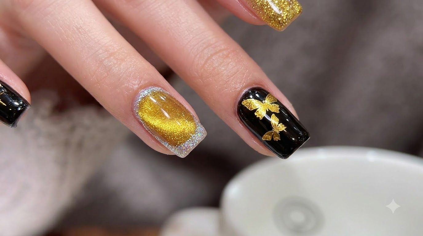 Gold and Black Butterfly Cat-Eye Nails — Step-by-Step Tutorial